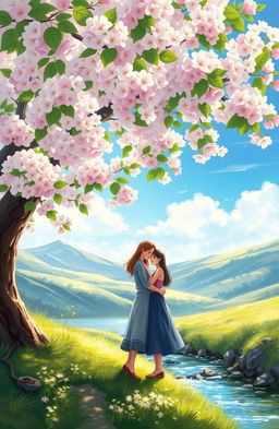 A digital painting depicting a beautiful couple standing under a blooming cherry blossom tree in a serene natural setting