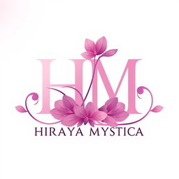 A logo design for a cosmetic brand named 'HIRAYA MYSTICA', featuring the prominent letters 'H' and 'M' stylized in an elegant and artistic way