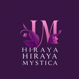 A logo design for a cosmetic brand named 'HIRAYA MYSTICA', featuring the prominent letters 'H' and 'M' stylized in an elegant and artistic way