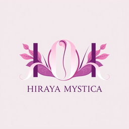 A logo design for a cosmetic brand named 'HIRAYA MYSTICA', featuring the prominent letters 'H' and 'M' stylized in an elegant and artistic way