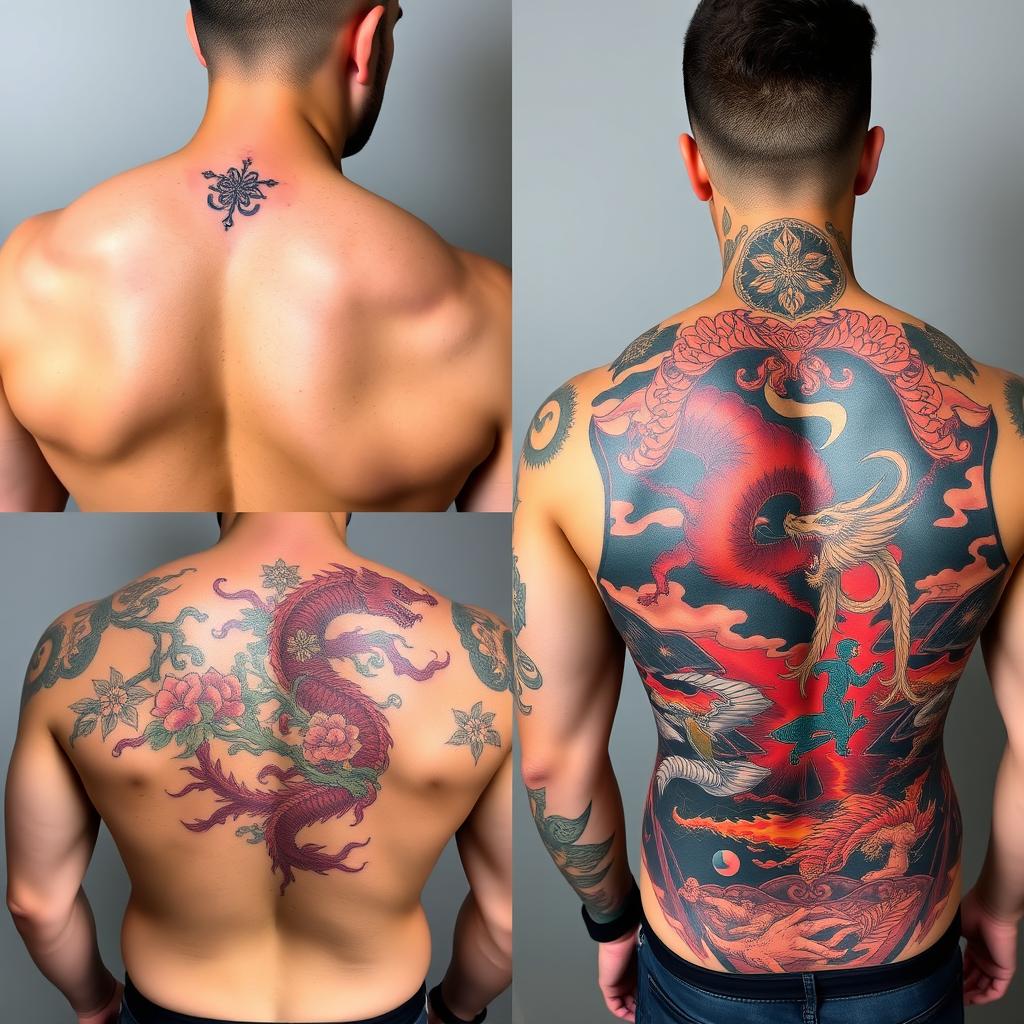 A series of four images showcasing tattoos in various sizes on the backs of men
