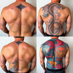 A series of four images showcasing tattoos in various sizes on the backs of men