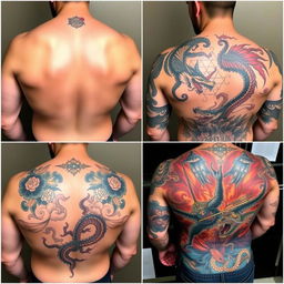 A series of four images showcasing tattoos in various sizes on the backs of men