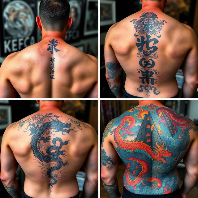 A series of four images showcasing tattoos in various sizes on the backs of men