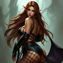 A voluptuous half-elf, half-tiefling female character with long, flowing brown hair, featuring a soft, feminine face and a beautiful Persian-like skin tone