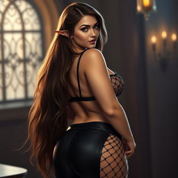 A voluptuous half-elf, half-tiefling female with long brown hair cascading over her shoulders