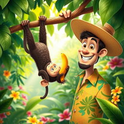A whimsical scene featuring a playful monkey and a curious man, the man is wearing a bright tropical shirt and a wide-brimmed straw hat, with a big smile on his face