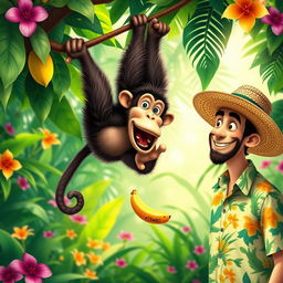 A whimsical scene featuring a playful monkey and a curious man, the man is wearing a bright tropical shirt and a wide-brimmed straw hat, with a big smile on his face