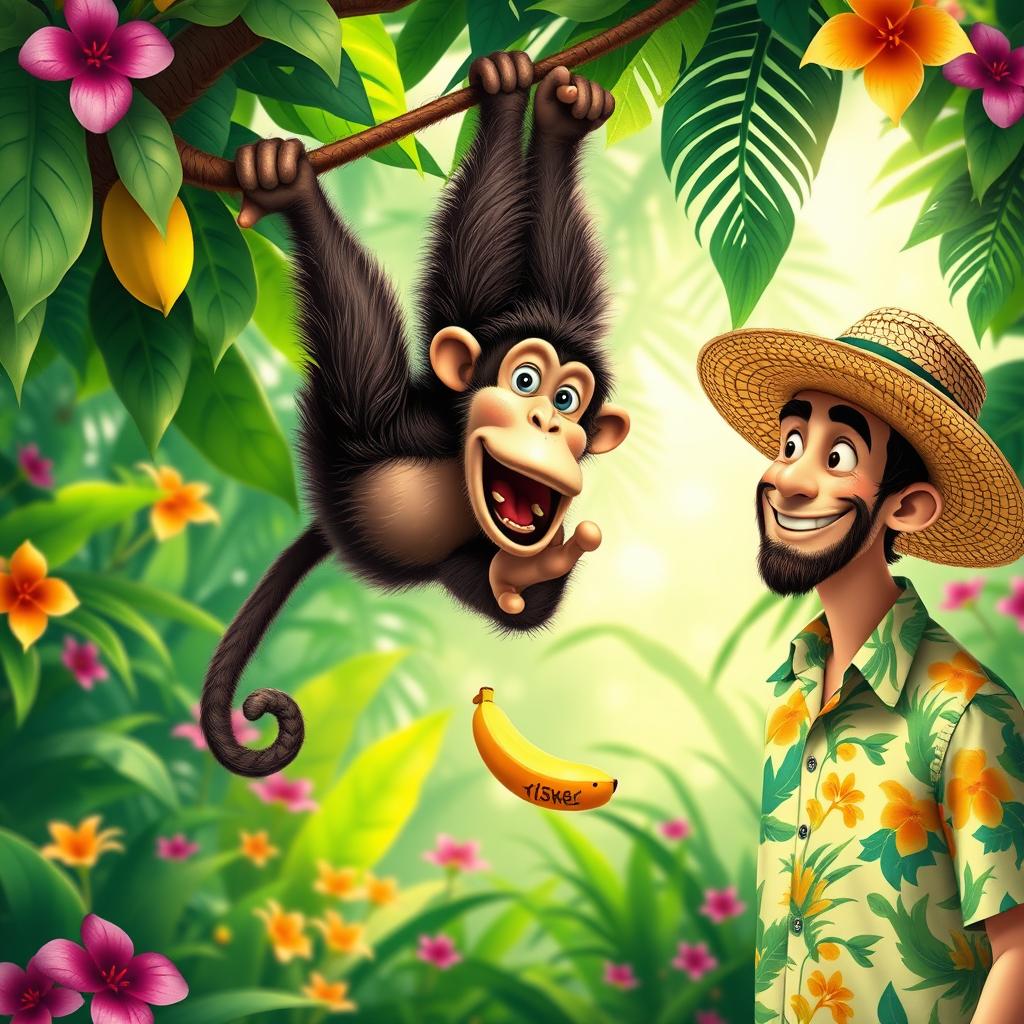 A whimsical scene featuring a playful monkey and a curious man, the man is wearing a bright tropical shirt and a wide-brimmed straw hat, with a big smile on his face