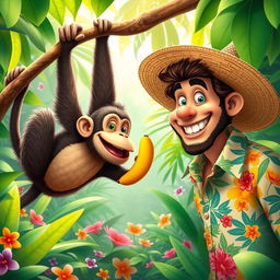 A whimsical scene featuring a playful monkey and a curious man, the man is wearing a bright tropical shirt and a wide-brimmed straw hat, with a big smile on his face