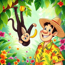 A whimsical scene featuring a playful monkey and a curious man, the man is wearing a bright tropical shirt and a wide-brimmed straw hat, with a big smile on his face