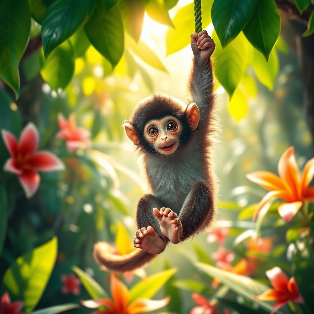 A playful monkey swinging from a lush green vine in a vibrant rainforest setting, showcasing its expressive eyes and fluffy fur