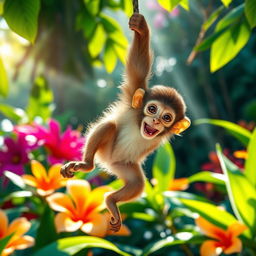 A playful monkey swinging from a lush green vine in a vibrant rainforest setting, showcasing its expressive eyes and fluffy fur