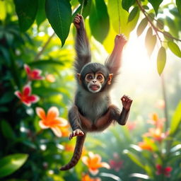 A playful monkey swinging from a lush green vine in a vibrant rainforest setting, showcasing its expressive eyes and fluffy fur