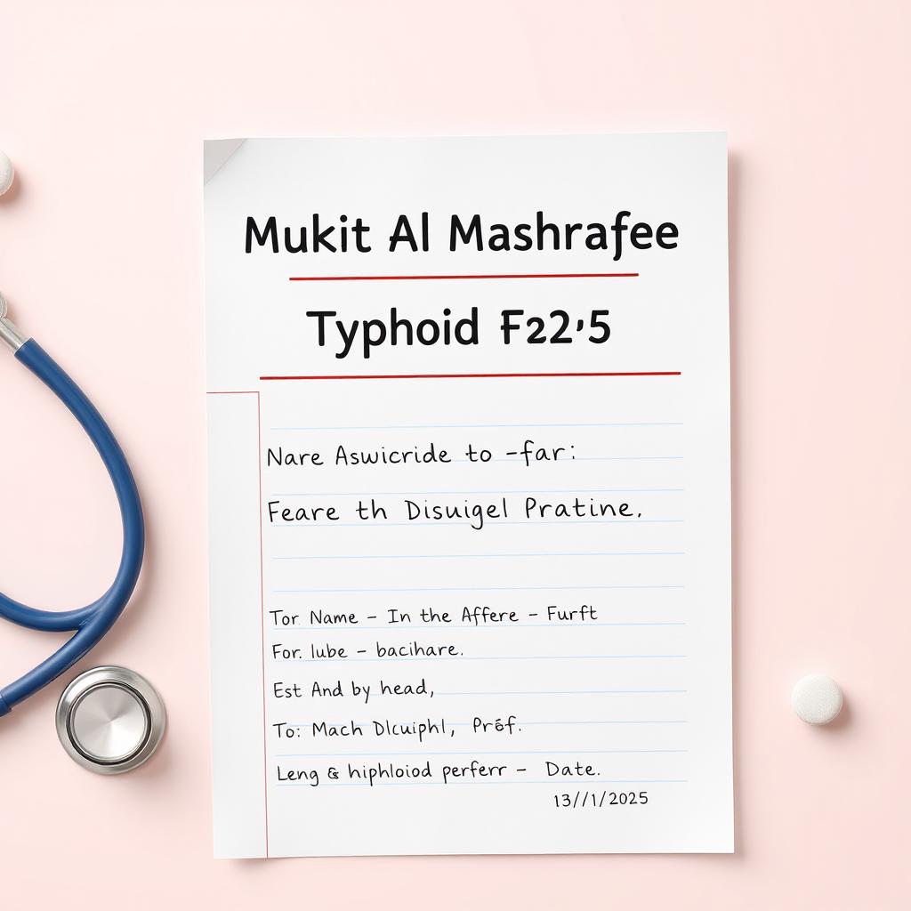 An artistic representation of a medical prescription for typhoid fever, featuring the patient's name 'Mukit Al Mashrafee' prominently displayed at the top