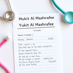An artistic representation of a medical prescription for typhoid fever, featuring the patient's name 'Mukit Al Mashrafee' prominently displayed at the top