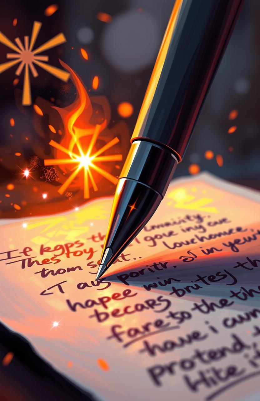 A digital painting featuring a close-up view of a pen writing on a piece of paper