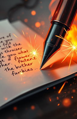 A digital painting featuring a close-up view of a pen writing on a piece of paper