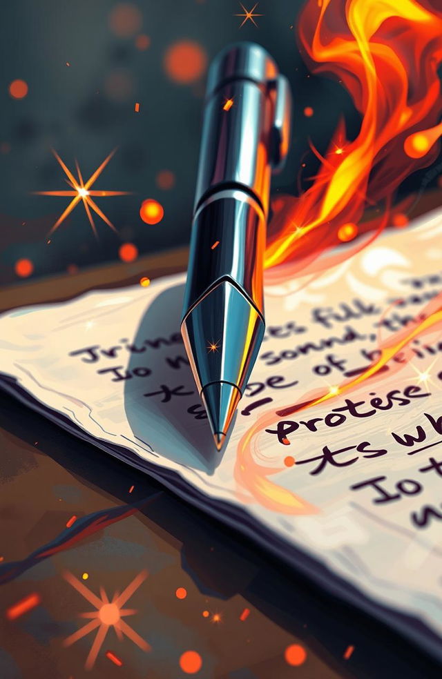 A digital painting featuring a close-up view of a pen writing on a piece of paper