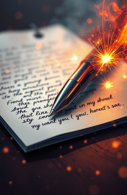 A digital painting featuring a close-up view of a pen writing on a piece of paper