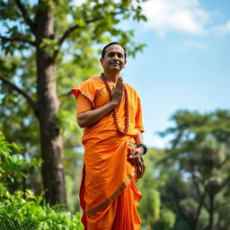 A serene and devout ISKCON (International Society for Krishna Consciousness) devotee, dressed in traditional orange dhoti and kurta, standing peacefully with a look of devotion on their face