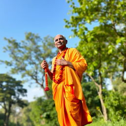 A serene and devout ISKCON (International Society for Krishna Consciousness) devotee, dressed in traditional orange dhoti and kurta, standing peacefully with a look of devotion on their face