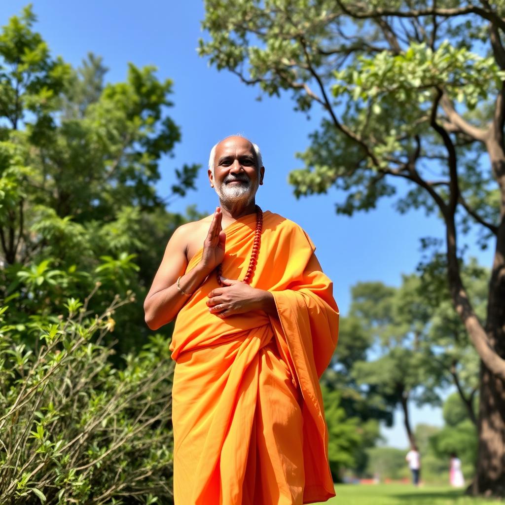 A serene and devout ISKCON (International Society for Krishna Consciousness) devotee, dressed in traditional orange dhoti and kurta, standing peacefully with a look of devotion on their face
