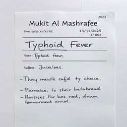 A realistic medical prescription for typhoid fever, featuring the name 'Mukit Al Mashrafee' at the top, and the date '13/1/2025' clearly displayed