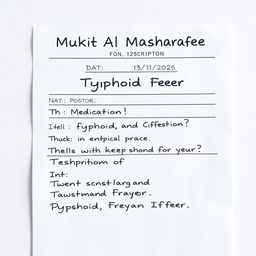 A realistic medical prescription for typhoid fever, featuring the name 'Mukit Al Mashrafee' at the top, and the date '13/1/2025' clearly displayed