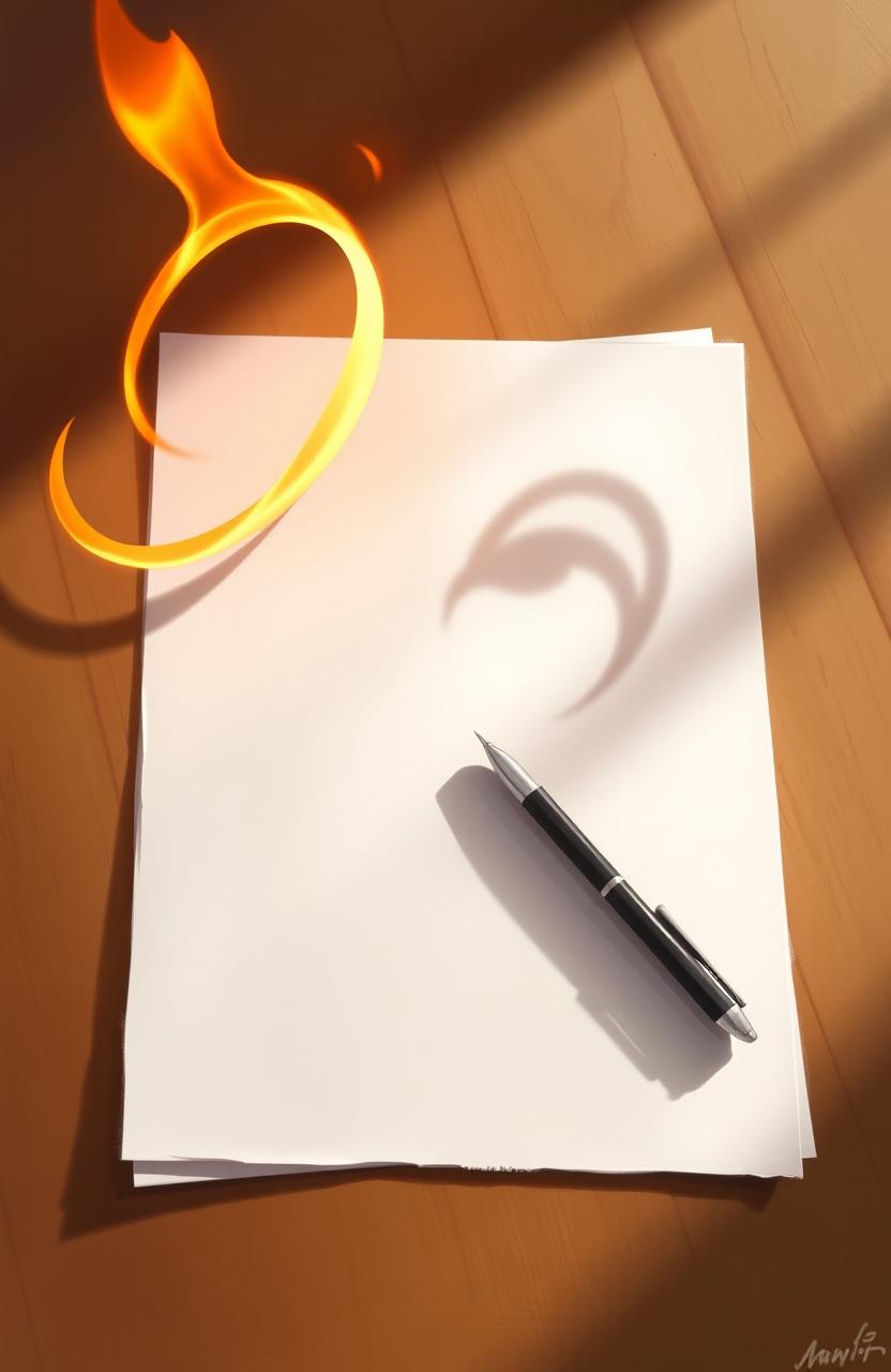 A serene digital painting of a study table featuring a pristine white sheet of paper and a sleek pen resting upon it