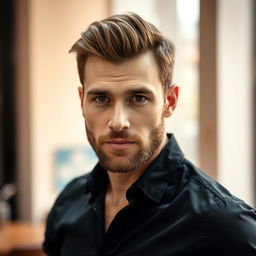 A close-up of a mid-30s Caucasian man looking directly at the camera, wearing a stylish black shirt