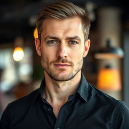 A close-up of a mid-30s Caucasian man looking directly at the camera, wearing a stylish black shirt