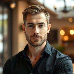 A close-up of a mid-30s Caucasian man looking directly at the camera, wearing a stylish black shirt