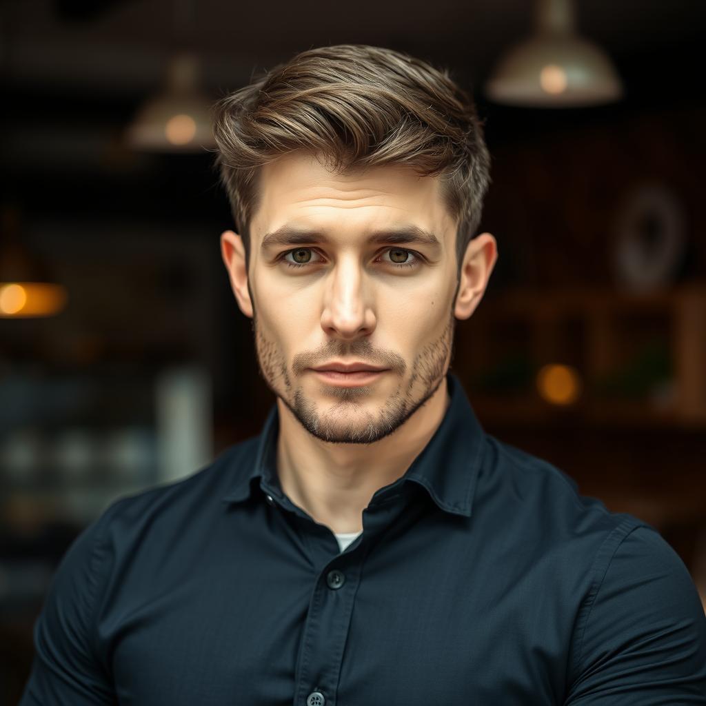 A close-up of a mid-30s Caucasian man looking directly at the camera, wearing a stylish black shirt