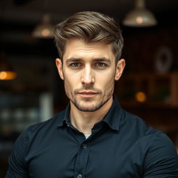 A close-up of a mid-30s Caucasian man looking directly at the camera, wearing a stylish black shirt