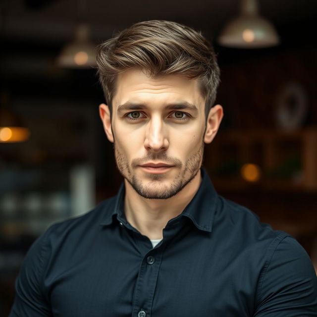 A close-up of a mid-30s Caucasian man looking directly at the camera, wearing a stylish black shirt