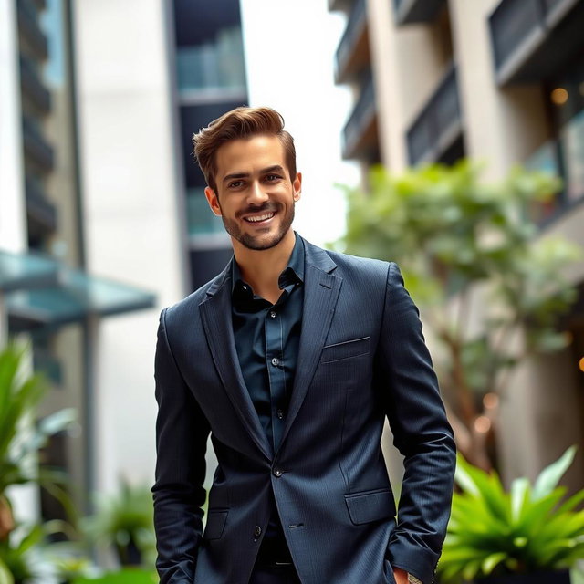 A well-dressed man in a stylish suit standing confidently in an upscale urban environment