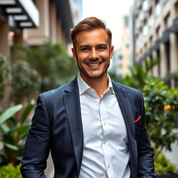 A well-dressed man in a stylish suit standing confidently in an upscale urban environment