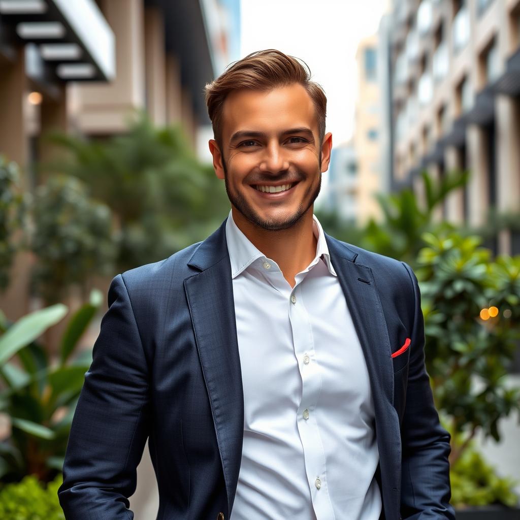A well-dressed man in a stylish suit standing confidently in an upscale urban environment
