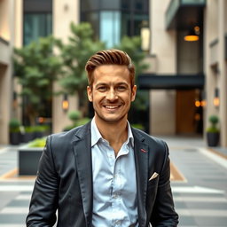 A well-dressed man in a stylish suit standing confidently in an upscale urban environment