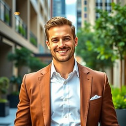A well-dressed man in a stylish suit standing confidently in an upscale urban environment