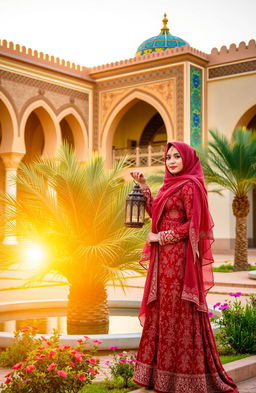 A beautiful scene featuring traditional Arabic architecture, including ornate arches, intricate geometric patterns, and vibrant tile work