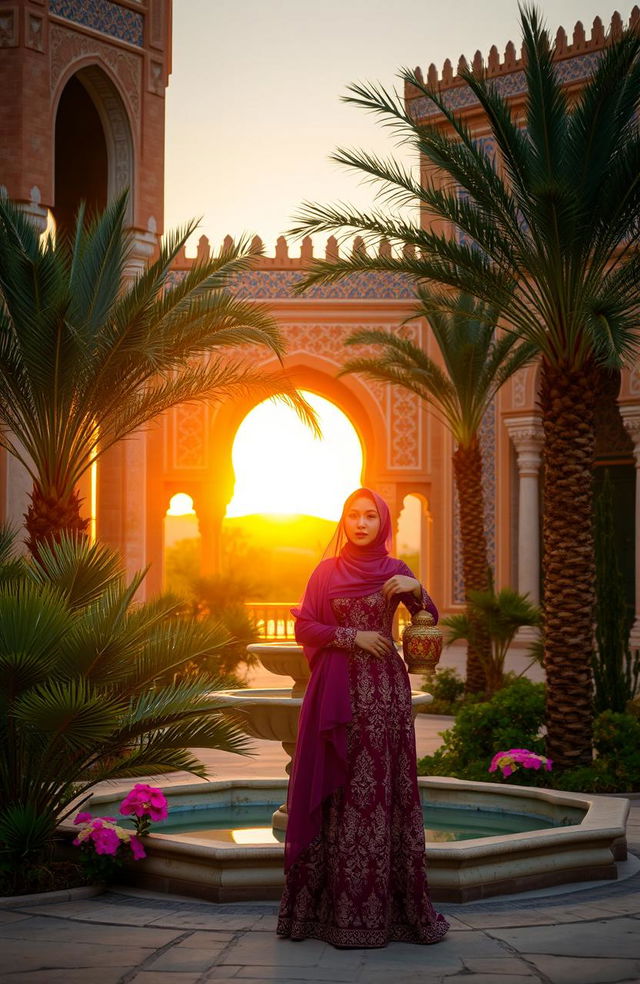 A beautiful scene featuring traditional Arabic architecture, including ornate arches, intricate geometric patterns, and vibrant tile work