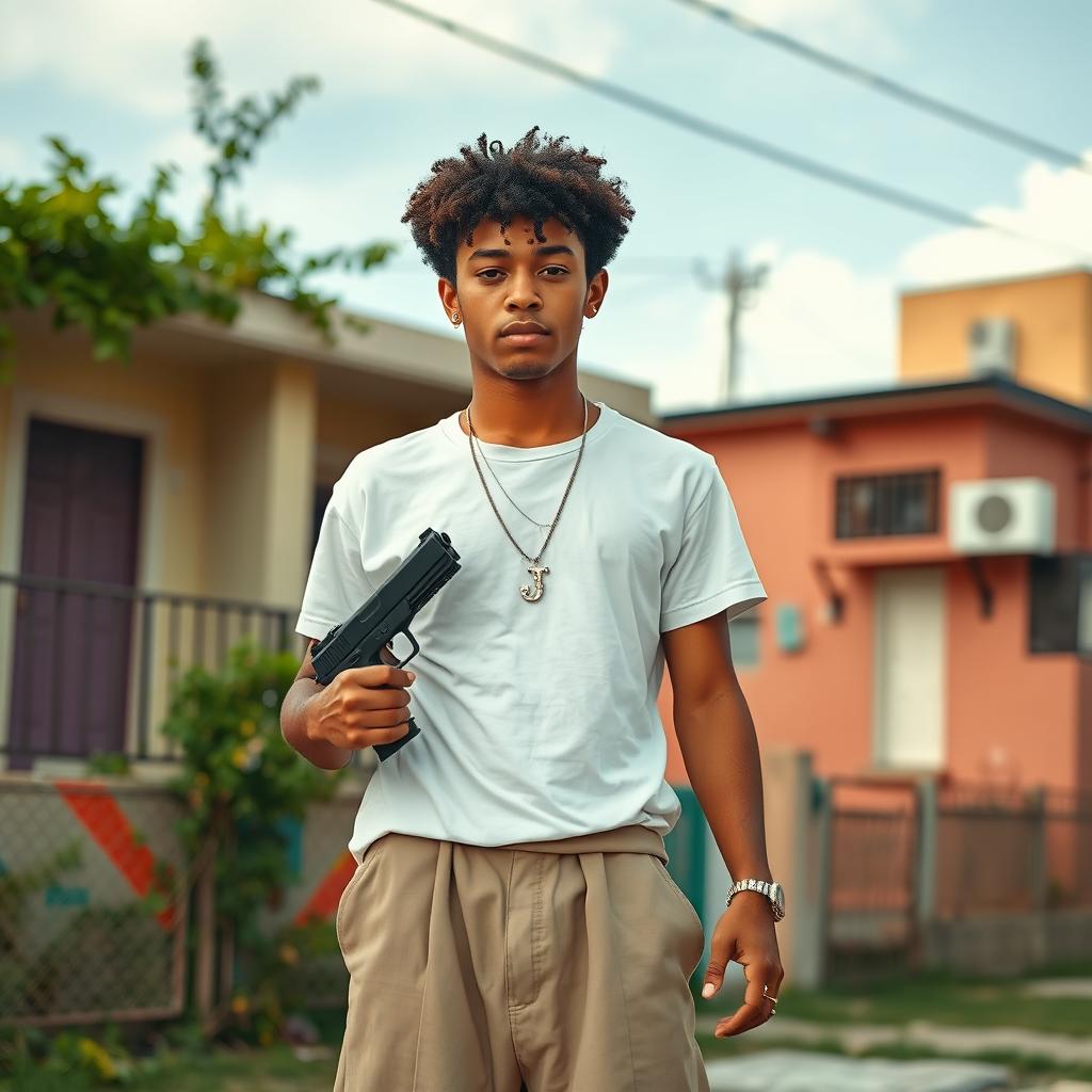 A clear-skinned young man with dark afro hair and light-colored eyes, wearing nose earrings and a necklace with the letter 'J'