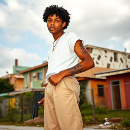 A clear-skinned young man with dark afro hair and light-colored eyes, wearing nose earrings and a necklace with the letter 'J'