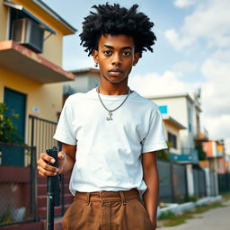 A clear-skinned young man with dark afro hair and light-colored eyes, wearing nose earrings and a necklace with the letter 'J'