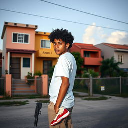 A clear-skinned young man with dark afro hair and light-colored eyes, wearing nose earrings and a necklace with the letter 'J'