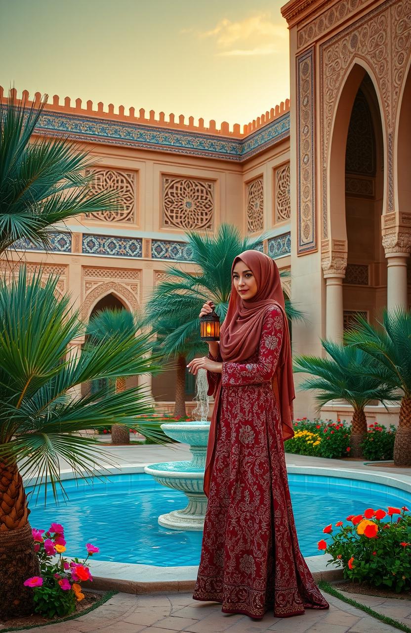 A beautiful scene featuring traditional Arabic architecture, including ornate arches, intricate geometric patterns, and vibrant tile work