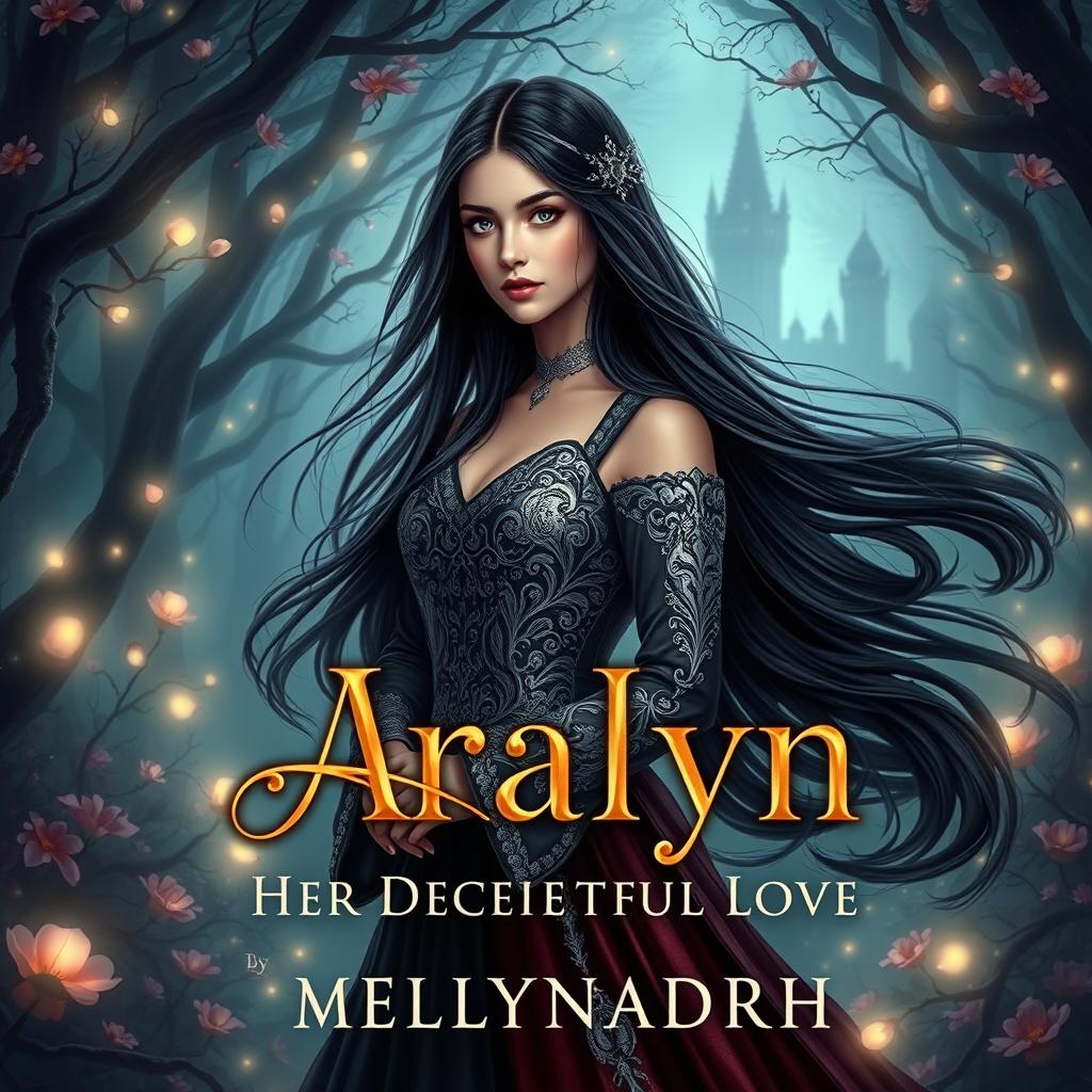 A fantasy book cover design for 'Ungku Elmira Aralyn: Her Deceitful Love' by Mellynadrh
