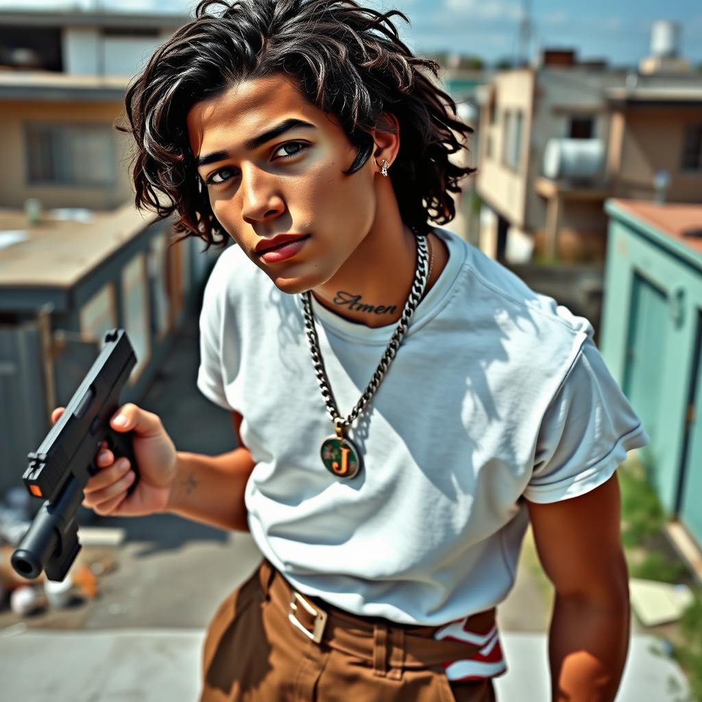 A young man with fair skin, long dark curly hair, and light-colored eyes, wearing nose piercings and a chunky diamond chain with the letter 'J' around his neck